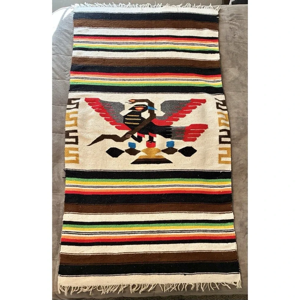 Vintage Mexican Serape Woven Blanket Throw Red Eagle Snake Wool 37x70”